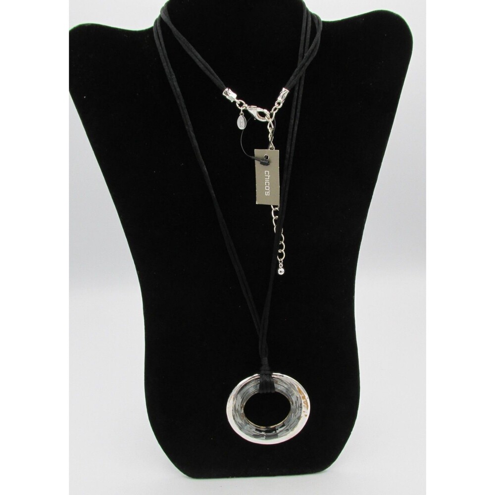 Chicos Harper Corded Glass Metal Black Clear Statement Boho Necklace Black